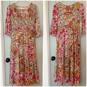 Böhme Floral Maxi Dress Smocked Cottagecore Fairy Garden Small Hippie Romantic